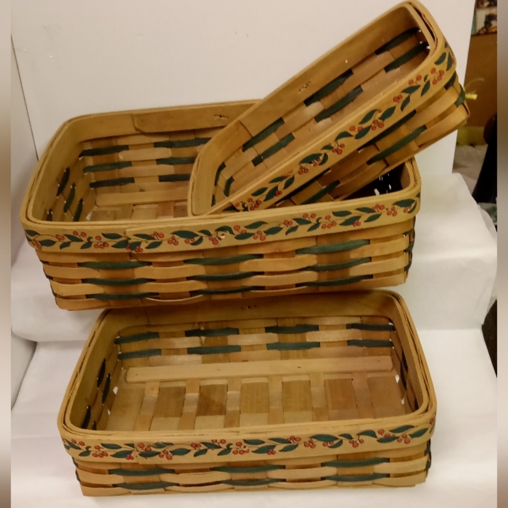 3 Rectangular Baskets, Woven Wicker Longaberger Style Tan Cherries Leaves 14x10